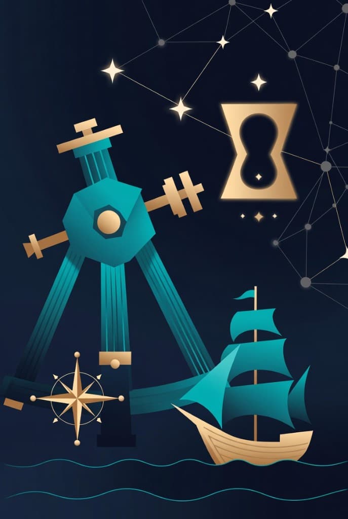 Sextant, ship, compass, and constellation illustration