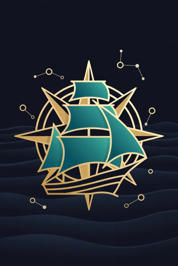 Stylized Chart Room AI ship with compass and constellation accents