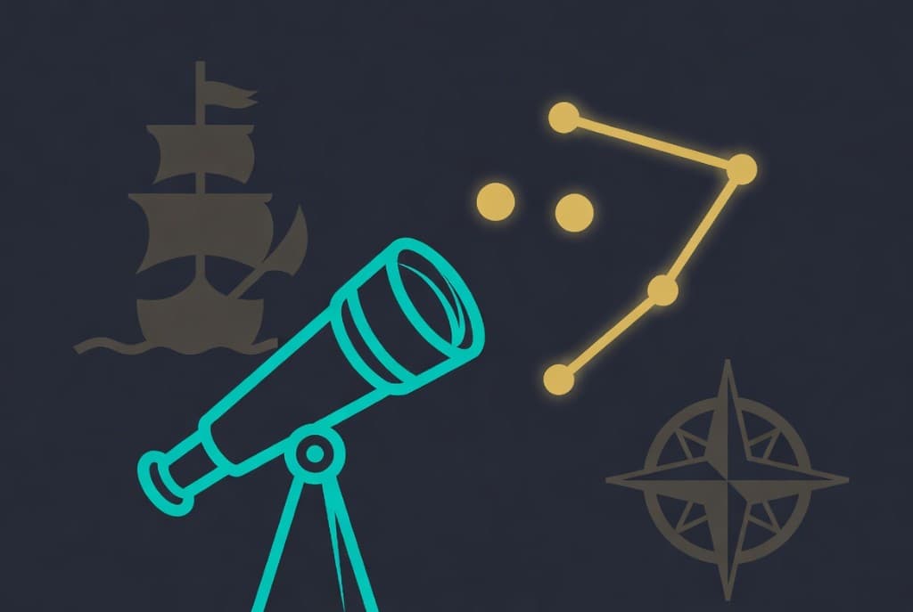 Stylized spyglass and constellation